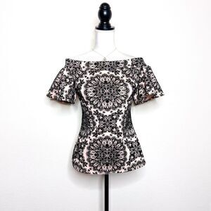 Venus Women's Off-Shoulder Light Pink Top with Black Velvet Design Size S